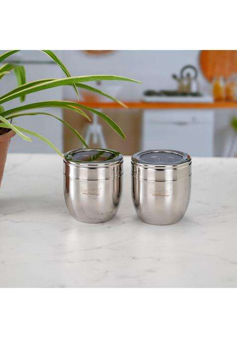Sumeet Stainless Steel Conical Shape Canisters Dabba Storage Containers for Kitchen | 500 ml | 16.9 fl oz | 9 cm | 3.5 Inch | 2-Piece Set