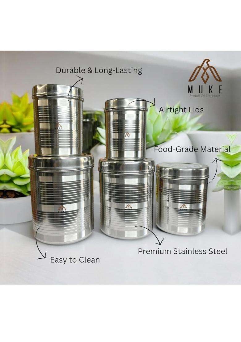 KITCHEN NEXT Muke Stainless Steel Dibba Container Set Food Grade Storage Kitchen Jar | 500 ml | 16.9 fl oz | 5-Piece Set - Indya