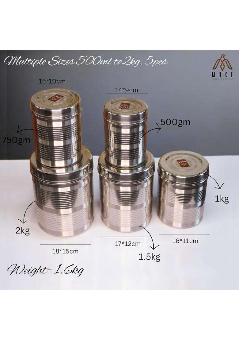 KITCHEN NEXT Muke Stainless Steel Dibba Container Set Food Grade Storage Kitchen Jar | 500 ml | 16.9 fl oz | 5-Piece Set - Indya
