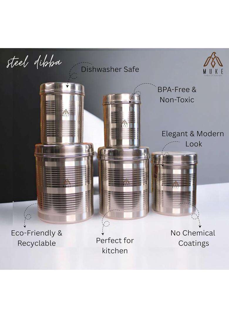 KITCHEN NEXT Muke Stainless Steel Dibba Container Set Food Grade Storage Kitchen Jar | 500 ml | 16.9 fl oz | 5-Piece Set - Indya