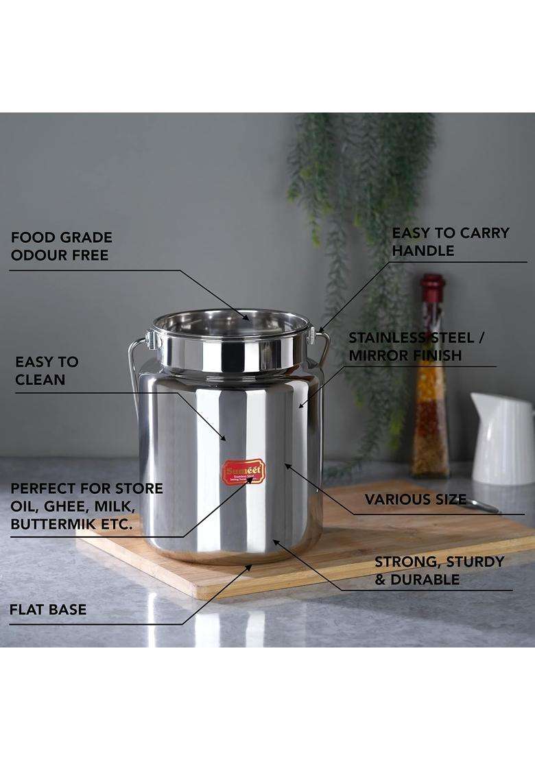 Sumeet Stainless Steel Akhand Jointless Milk Can with Lid | 2000 ml | 67.6 fl oz | 13 cm | 5.1 Inch - Indya