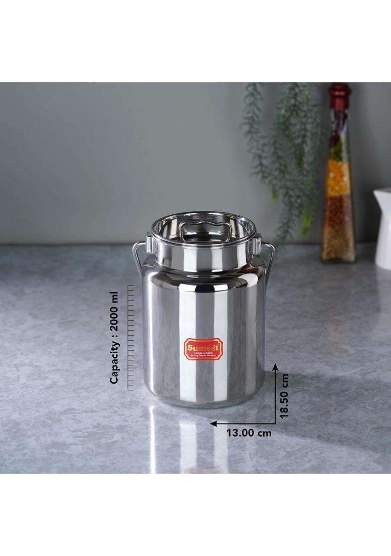 Sumeet Stainless Steel Akhand Jointless Milk Can with Lid | 2000 ml | 67.6 fl oz | 13 cm | 5.1 Inch - Indya