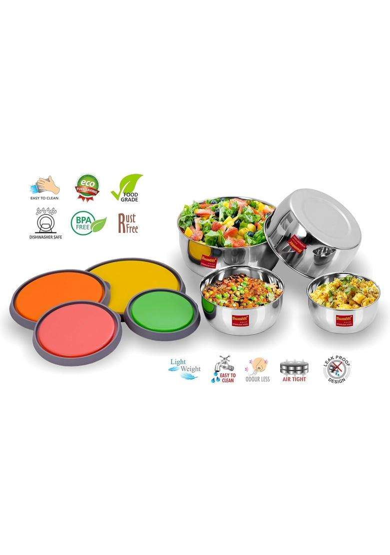 Sumeet Stainless Steel Food Storage Airtight and Leak Proof Containers Set | 1 L | 1.1 Qt | Pack of 4 - Indya