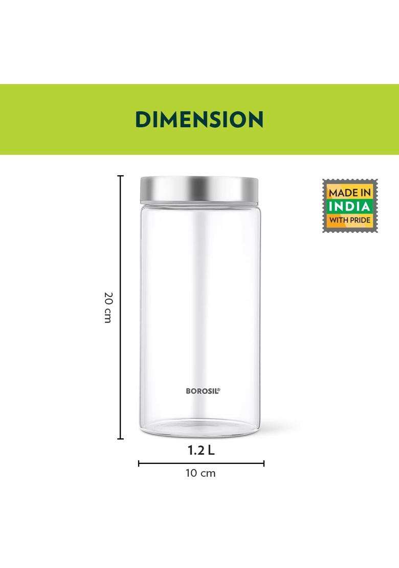 Borosil Endura Glass Jar with Stainless Steel Lid | 1200 ml | 40.6 fl oz | Dishwasher Safe | Microwave Safe - Indya