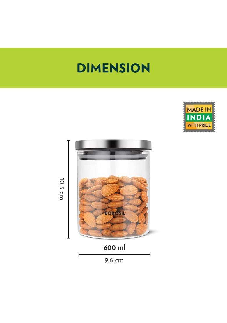 Borosil Classic Jar X | 600 ml | 20.3 fl oz | Dishwasher Safe | Microwave Safe | With Lid - Indya