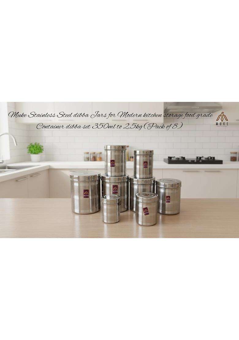 MUKE Stainless Steel Dibba Jars for Modern Kitchen Storage Food Grade Container | 350 ml | 11.8 fl oz | Pack of 8 - Indya