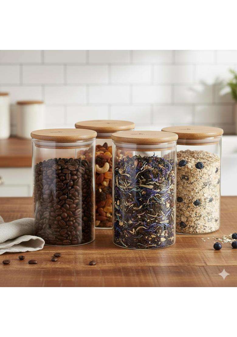 The Better Home Borosilicate Glass Jars Set with Bamboo Lid | 1000 ml | 33.8 fl oz | Pack of 4 | Leak Proof - Indya