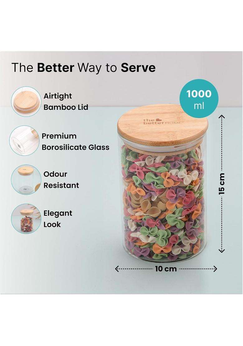 The Better Home Borosilicate Glass Jars Set with Bamboo Lid | 1000 ml | 33.8 fl oz | Pack of 4 | Leak Proof - Indya