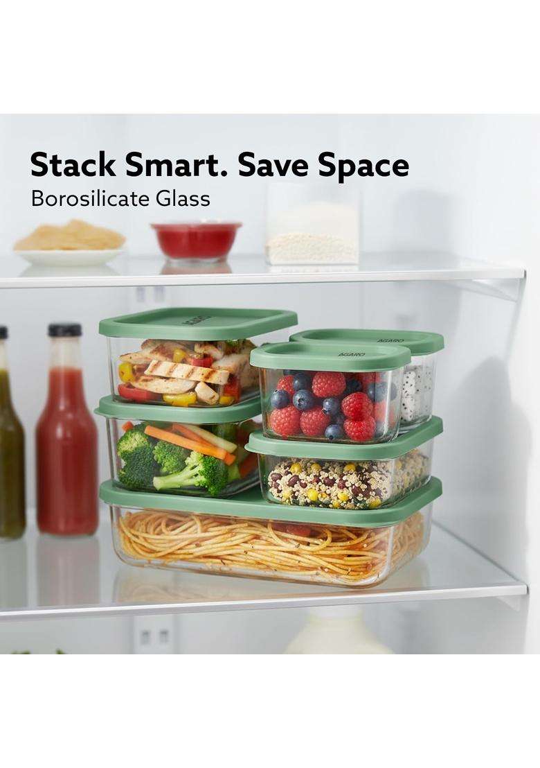 AGARO Elite Borosilicate Glass Container Set | 310 ml | 10.5 fl oz | 6-Piece Set | BPA Free | Microwave Safe - Indya