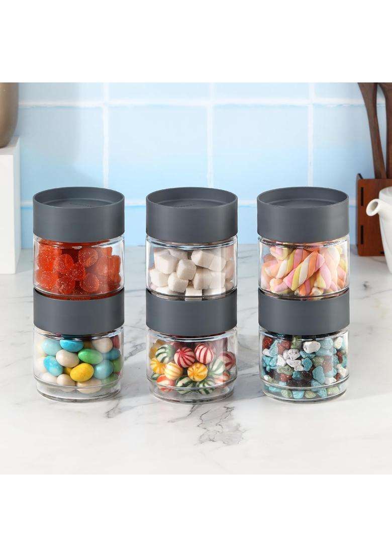 CELLO Modustack Glassy Storage Jars for Kitchen Pcs | 500 ml | 16.9 fl oz | 6-Piece Set | Lead Free - Indya