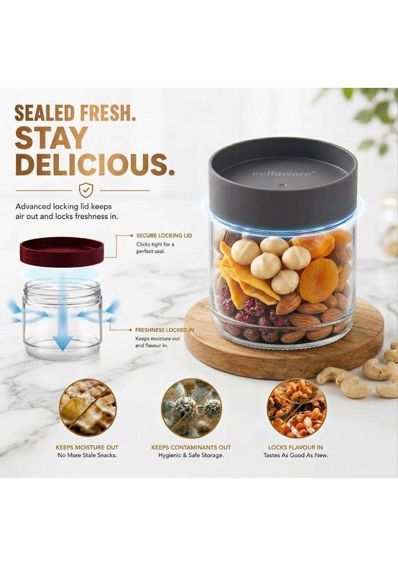 CELLO Modustack Glassy Storage Jars for Kitchen Pcs | 500 ml | 16.9 fl oz | 6-Piece Set | Lead Free - Indya