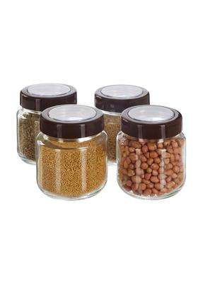 Solimo Amazon Brand Solimo Glass Transparent Storage Jar with Brown Cap for Pickles | 500 ml | 16.9 fl oz | 4-Piece Set | BPA Free