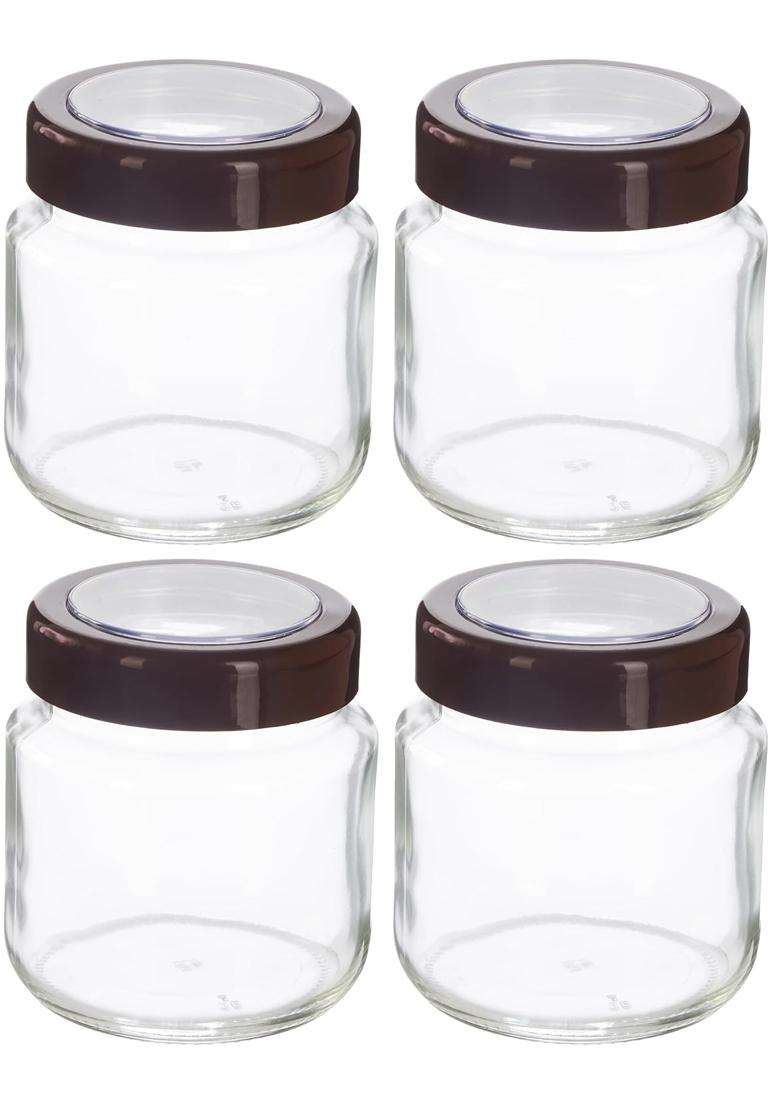 Solimo Amazon Brand Solimo Glass Transparent Storage Jar with Brown Cap for Pickles | 500 ml | 16.9 fl oz | 4-Piece Set | BPA Free - Indya