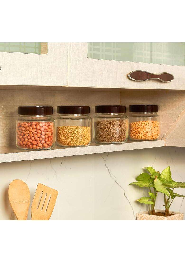 Solimo Amazon Brand Solimo Glass Transparent Storage Jar with Brown Cap for Pickles | 500 ml | 16.9 fl oz | 4-Piece Set | BPA Free - Indya