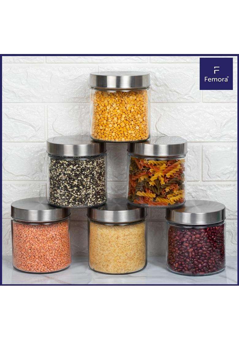 Femora Kitchen Storage Jars Borosilicate Glass with Steel Lid Air Tight Kitchen Jar | 1600 ml | 54.1 fl oz | Pack of 6 - Indya
