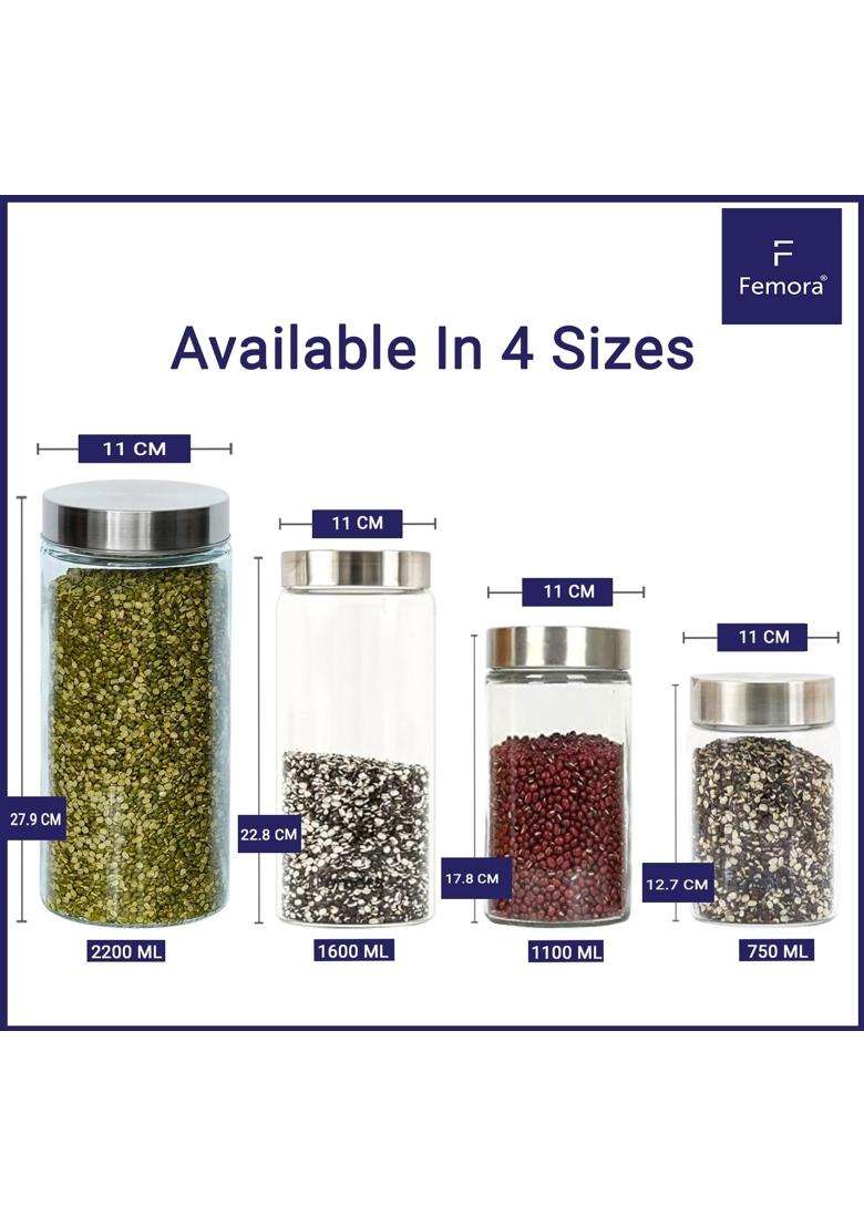 Femora Kitchen Storage Jars Borosilicate Glass with Steel Lid Air Tight Kitchen Jar | 1600 ml | 54.1 fl oz | Pack of 6 - Indya