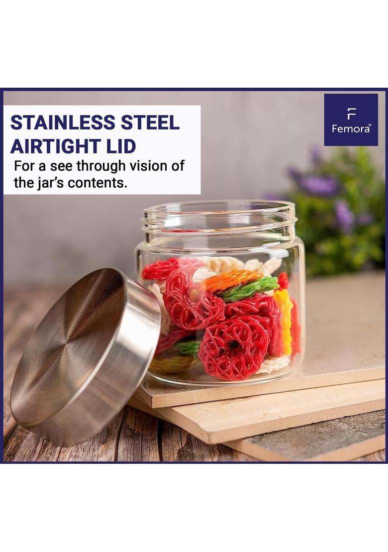 Femora Kitchen Storage Jars Borosilicate Glass with Steel Lid Air Tight Kitchen Jar | 1600 ml | 54.1 fl oz | Pack of 6 - Indya