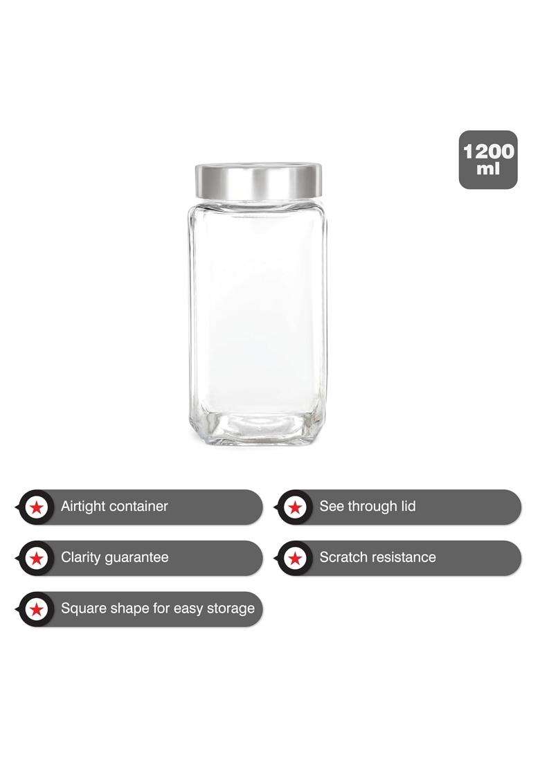 CELLO Qube Fresh Glass Storage Jar for Kitchen Transparent | 1200 ml | 40.6 fl oz | Lead Free - Indya