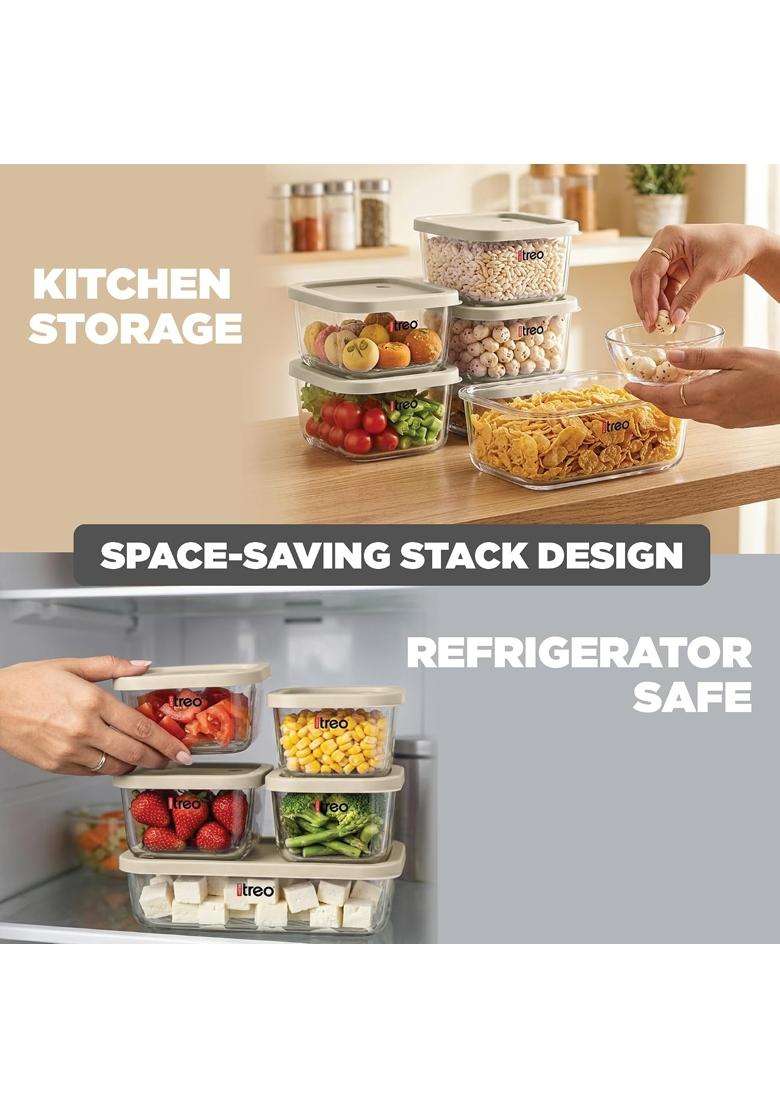 Treo By Milton Nutri Borosilicate Glass Containers for Fridge Storage | 1200 ml | 40.6 fl oz | 6-Piece Set | Dishwasher Safe | Microwave Safe | With Lid - Indya
