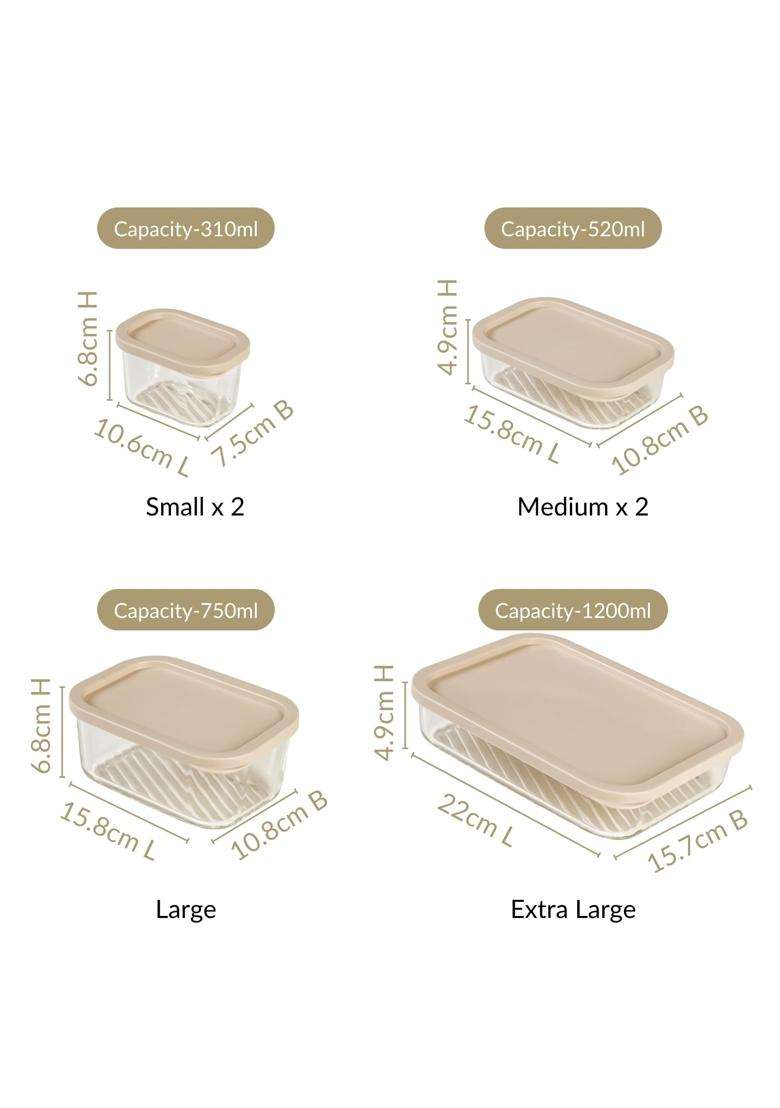 Nestasia Groovo Glass Containers for Fridge Storage | 310 ml | 10.5 fl oz | 6-Piece Set | Dishwasher Safe | Microwave Safe | With Lid - Indya