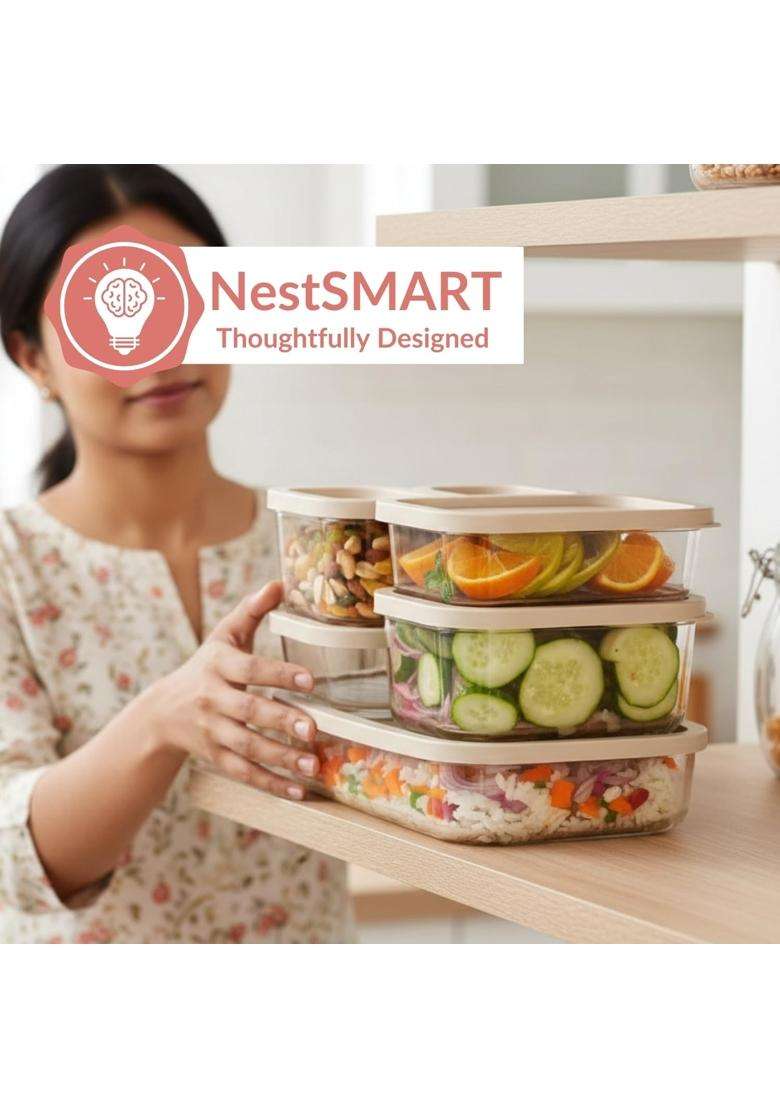 Nestasia Groovo Glass Containers for Fridge Storage | 310 ml | 10.5 fl oz | 6-Piece Set | Dishwasher Safe | Microwave Safe | With Lid - Indya