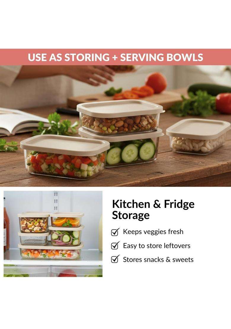 Nestasia Groovo Glass Containers for Fridge Storage | 310 ml | 10.5 fl oz | 6-Piece Set | Dishwasher Safe | Microwave Safe | With Lid - Indya