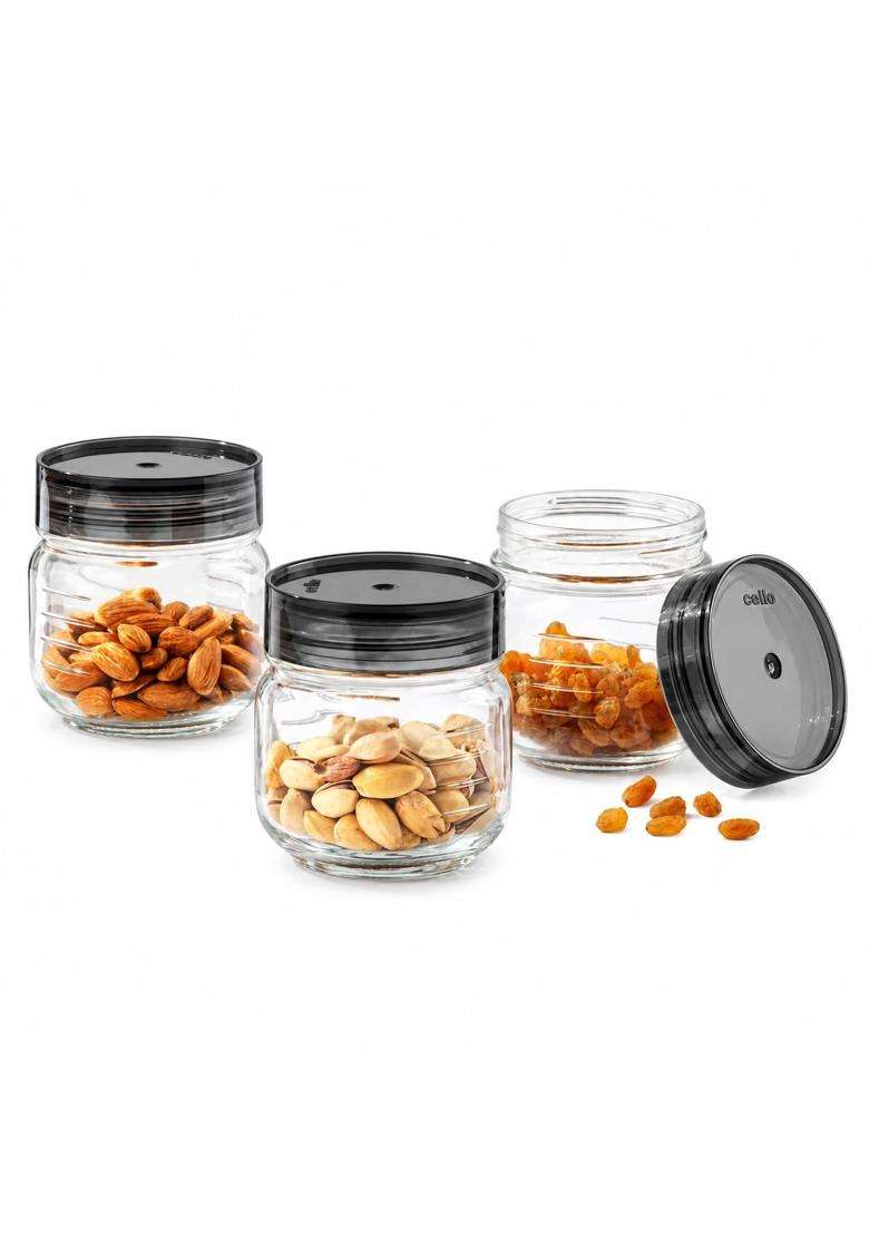 CELLO Grip N Store Glass Storage Jars for Kitchen Pcs Black | 300 ml | 10.1 fl oz | 3-Piece Set | Lead Free - Indya