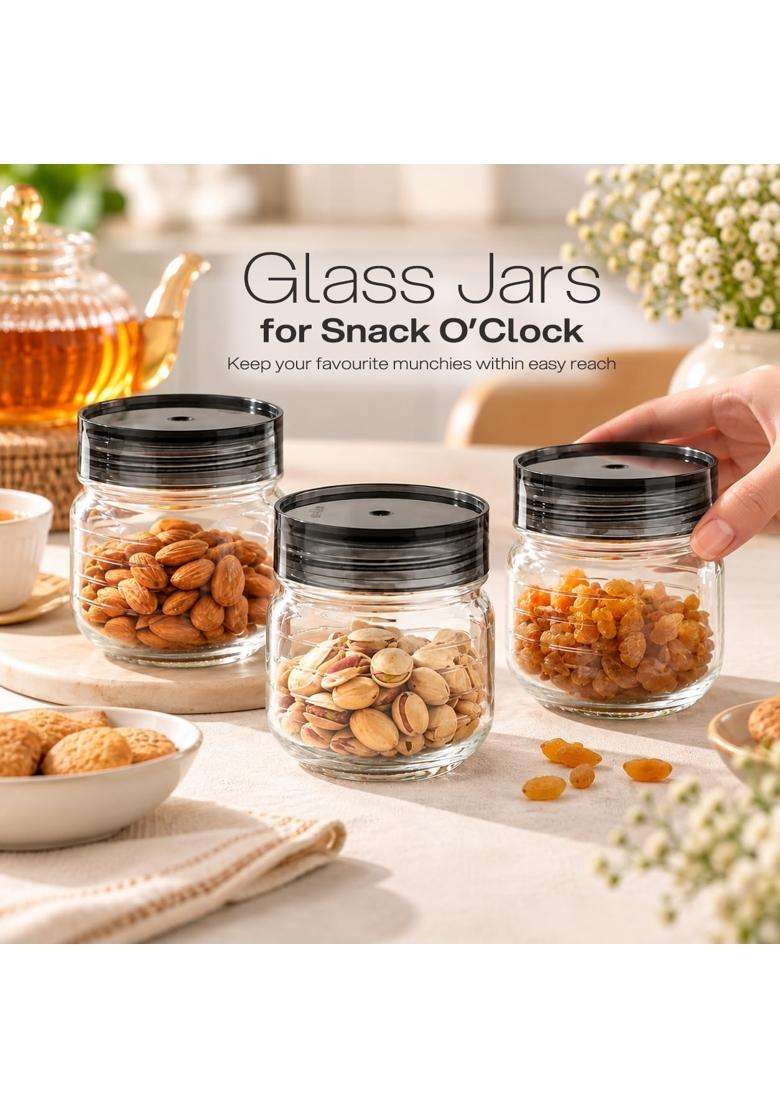 CELLO Grip N Store Glass Storage Jars for Kitchen Pcs Black | 300 ml | 10.1 fl oz | 3-Piece Set | Lead Free - Indya
