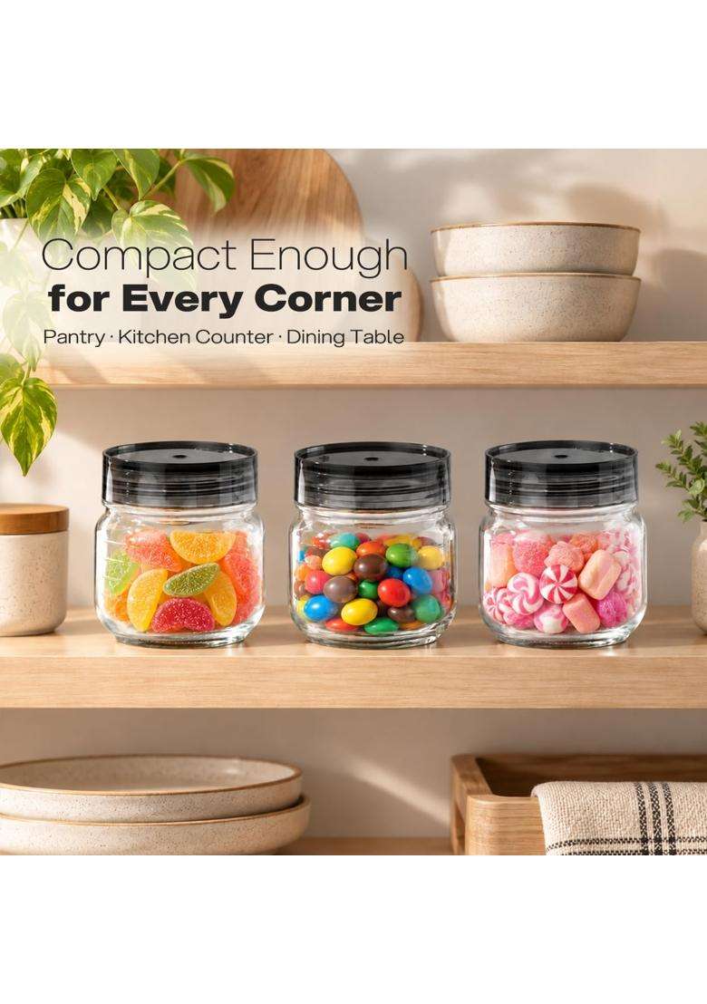 CELLO Grip N Store Glass Storage Jars for Kitchen Pcs Black | 300 ml | 10.1 fl oz | 3-Piece Set | Lead Free - Indya