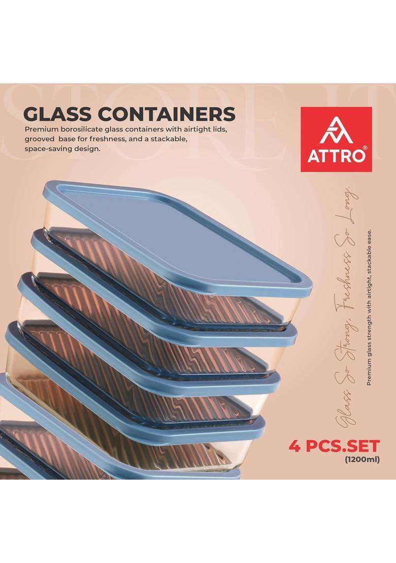 ATTRO Glassox Storeit Borosilicate Glass Storage Containers | 1200 ml | 40.6 fl oz | 4-Piece Set | Dishwasher Safe | Microwave Safe - Indya
