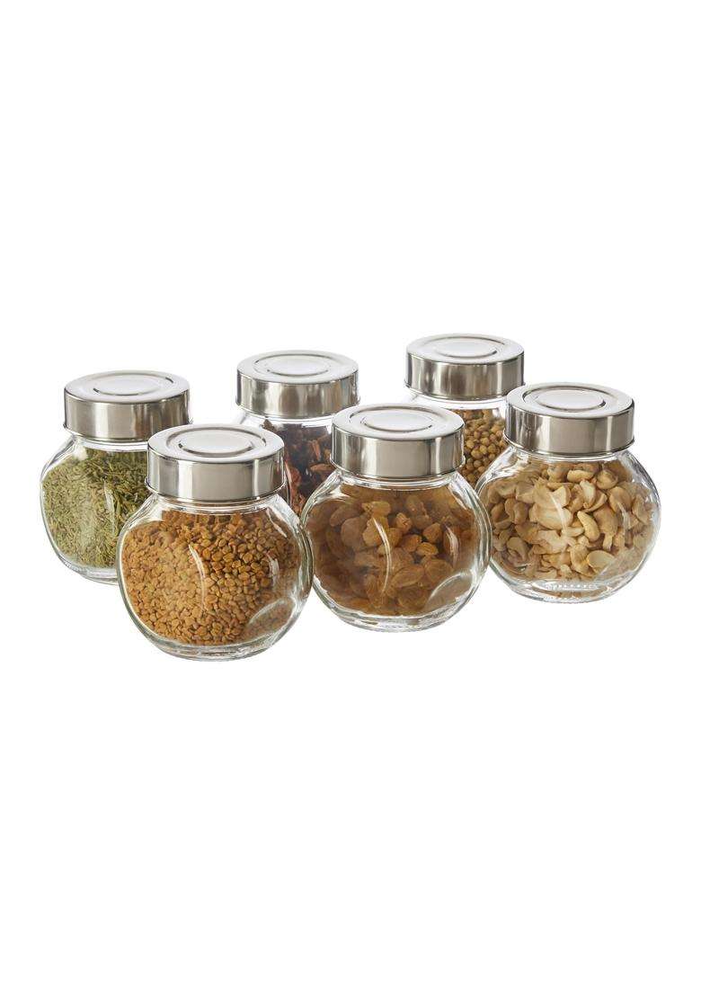 Solimo Amazon Brand Solimo Glass Transparent Storage Jar with Steel Cap for Pickles | 200 ml | 6.8 fl oz | 6-Piece Set | BPA Free - Indya