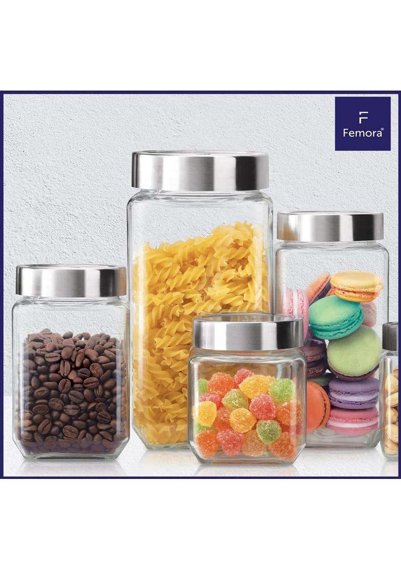 Femora Transperent Borosilicate Glass Jars for Kitchen | 2000 ml | 67.6 fl oz | 4-Piece Set - Indya