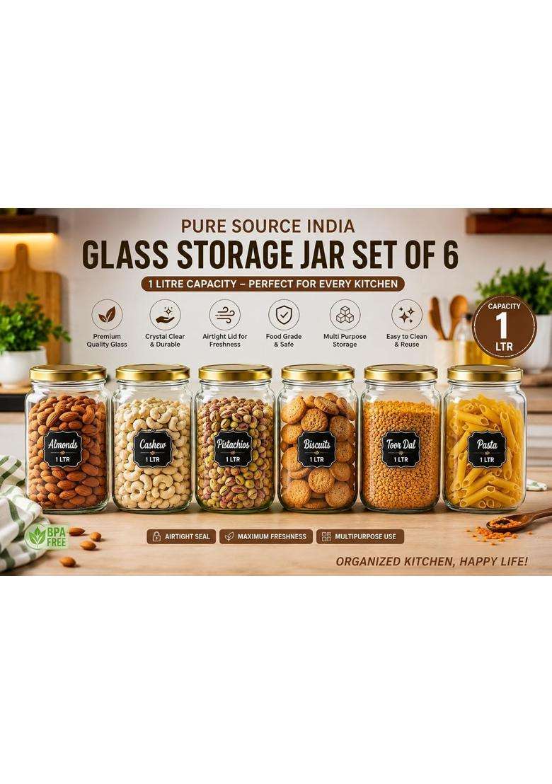 Pure Source India Glass Jar Container with Air Tight Lid | 1 L | 1.1 Qt | 6-Piece Set - Indya