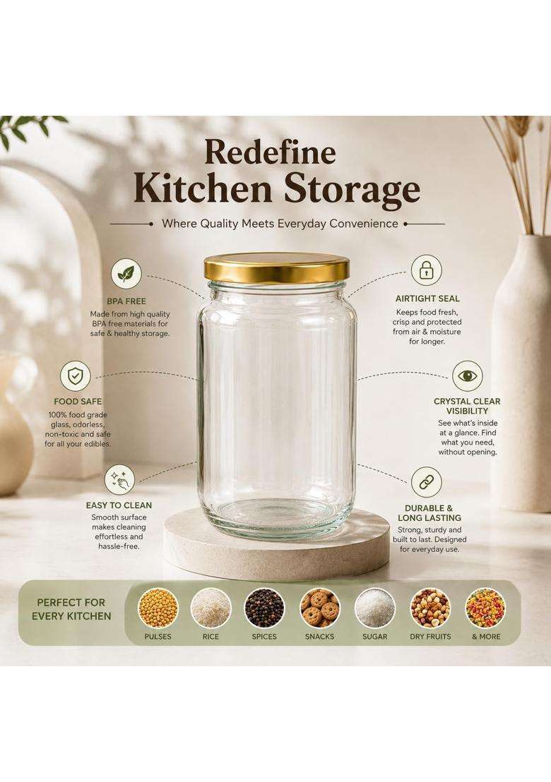 Pure Source India Glass Jar Container with Air Tight Lid | 1 L | 1.1 Qt | 6-Piece Set - Indya