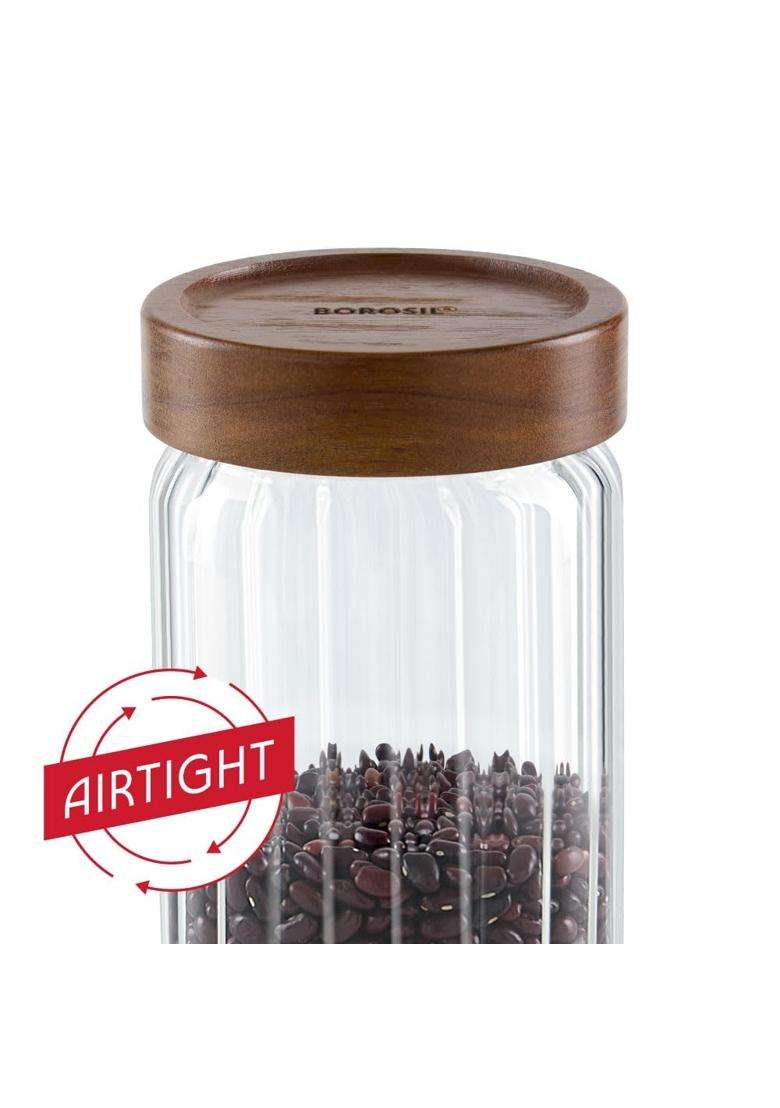 Borosil Linea Glass Jar with Acacia Wood Lid | 1200 ml | 40.6 fl oz - Indya