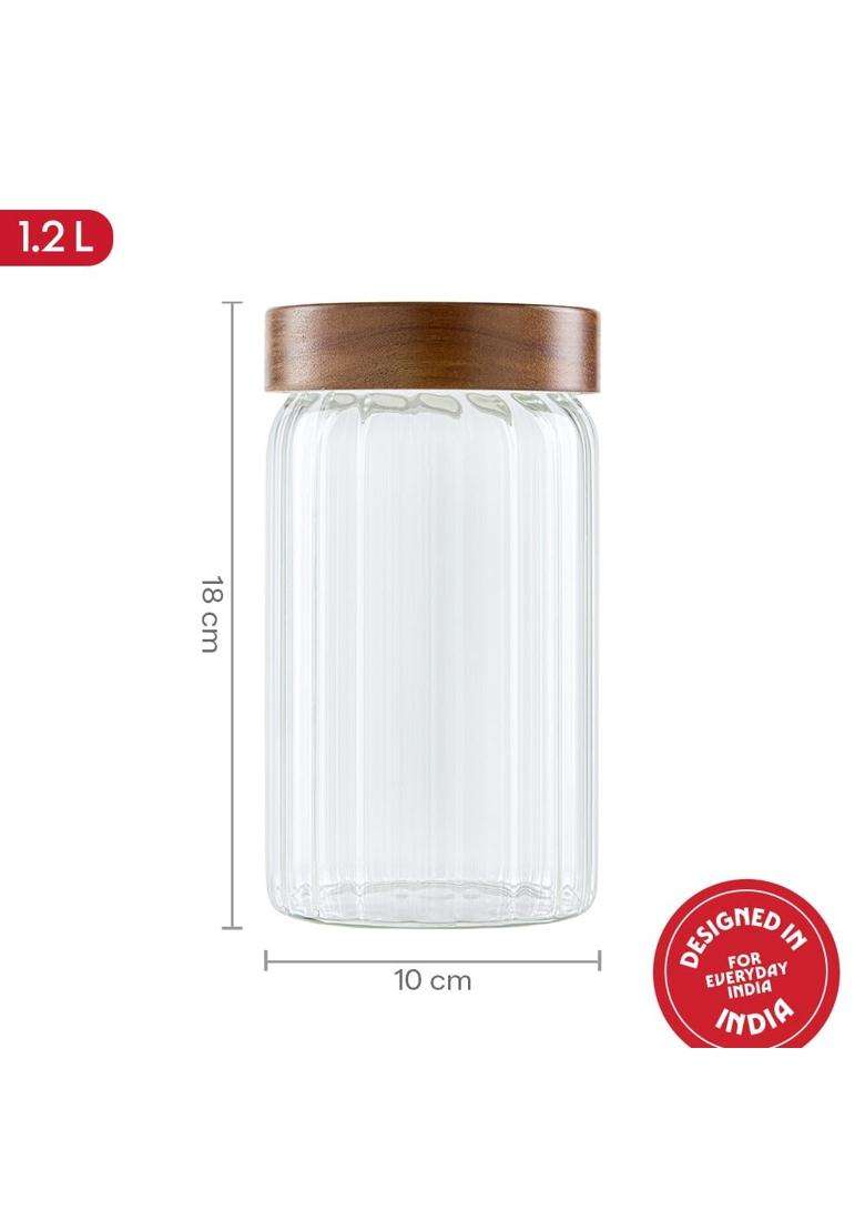 Borosil Linea Glass Jar with Acacia Wood Lid | 1200 ml | 40.6 fl oz - Indya