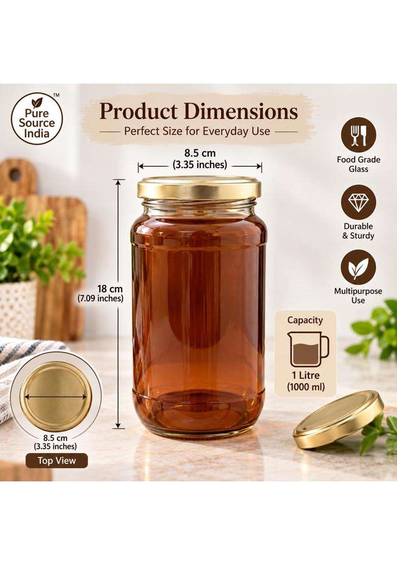 Pure Source India Amber Glass Jar with Gold Metal Lid | 1000 ml | 33.8 fl oz | 2-Piece Set - Indya