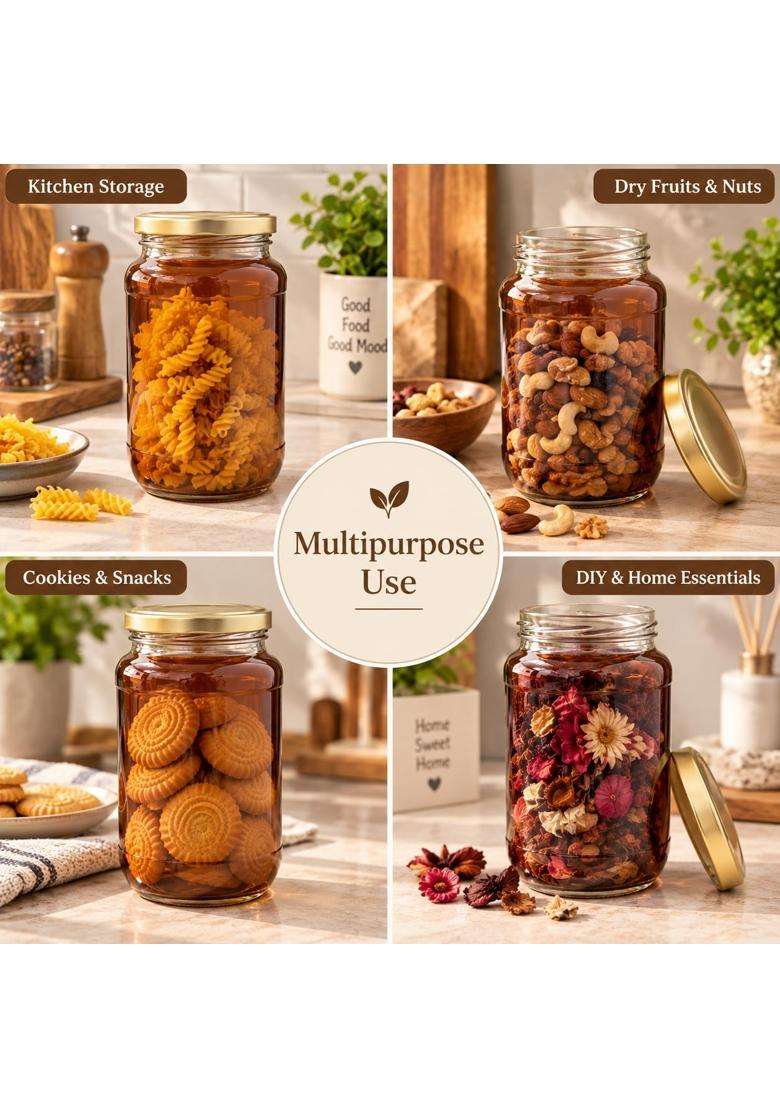 Pure Source India Amber Glass Jar with Gold Metal Lid | 1000 ml | 33.8 fl oz | 2-Piece Set - Indya