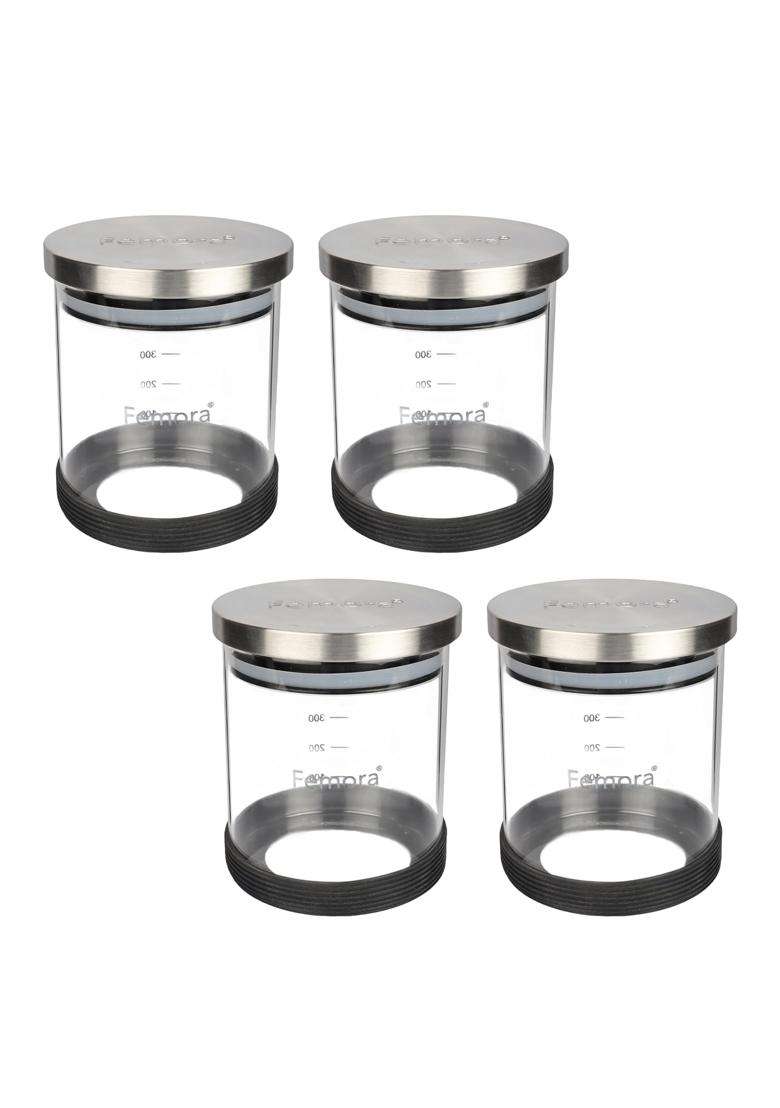 Femora Borosilicate Glass Jar with Silicon Bottom and Air Tight Steel Lid | 500 ml | 16.9 fl oz | 4-Piece Set - Indya