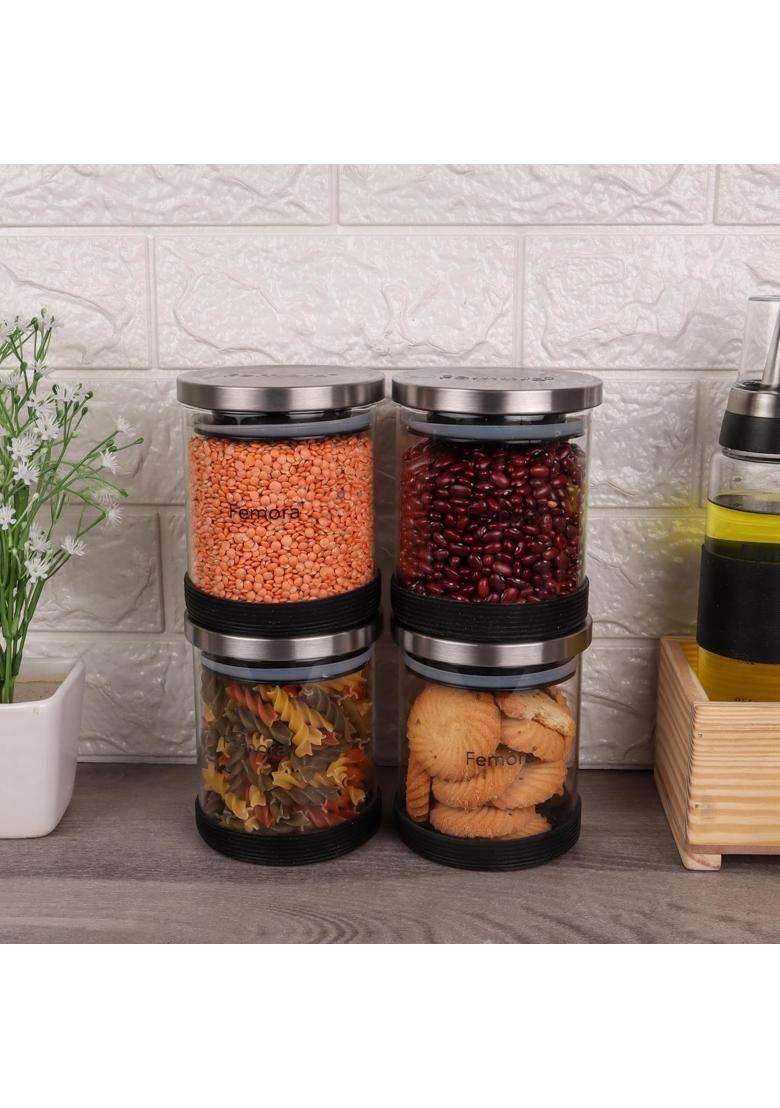 Femora Borosilicate Glass Jar with Silicon Bottom and Air Tight Steel Lid | 500 ml | 16.9 fl oz | 4-Piece Set - Indya