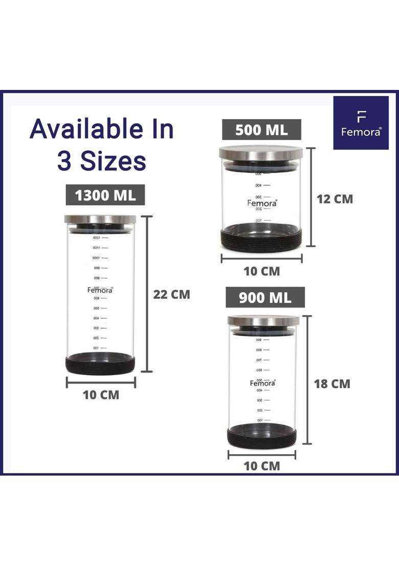 Femora Borosilicate Glass Jar with Silicon Bottom and Air Tight Steel Lid | 500 ml | 16.9 fl oz | 4-Piece Set - Indya