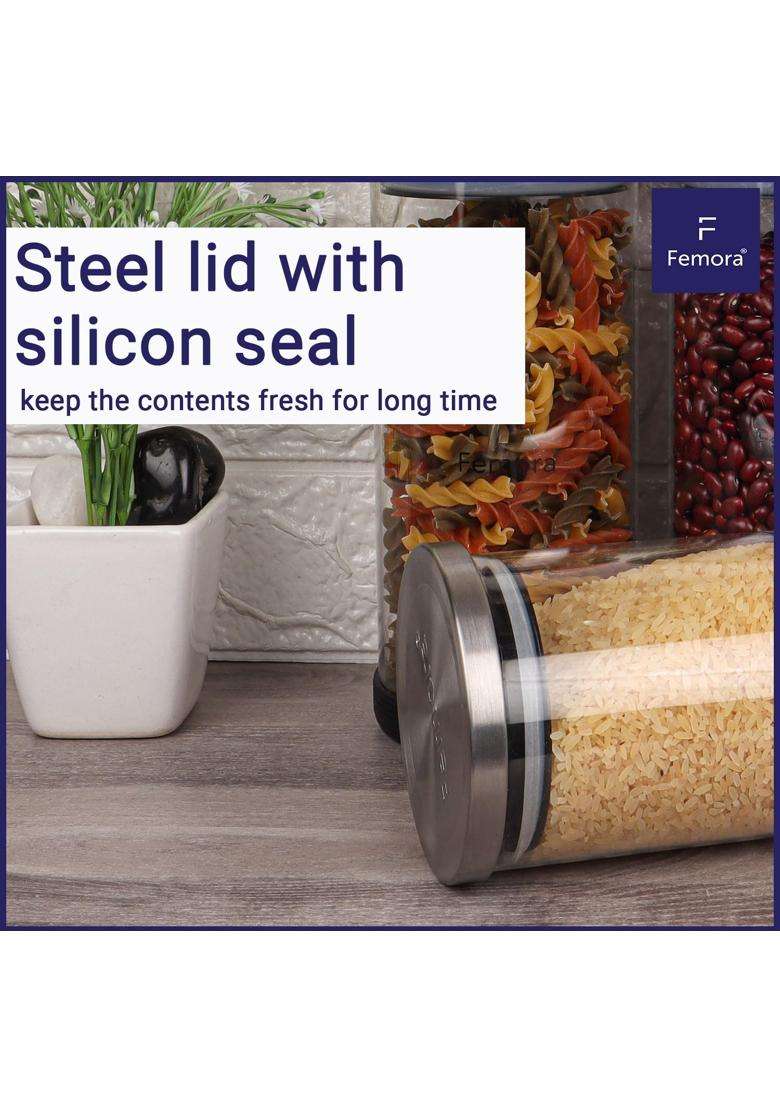 Femora Borosilicate Glass Jar with Silicon Bottom and Air Tight Steel Lid | 500 ml | 16.9 fl oz | 4-Piece Set - Indya