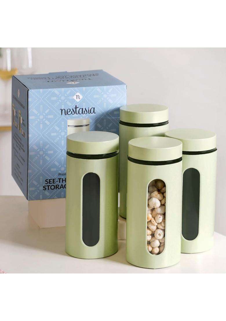 Nestasia Oval Window Metal Jacketed Glass Jars | 1500 ml | 50.7 fl oz | 4-Piece Set - Indya