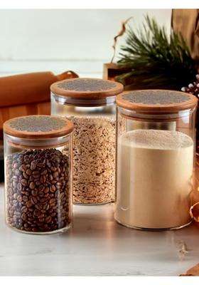 The Better Home Kitchen Containers Set Glass Jars with Printed Bamboo Lids I Airtight Storage | 300 ml | 10.1 fl oz | Pack of 3