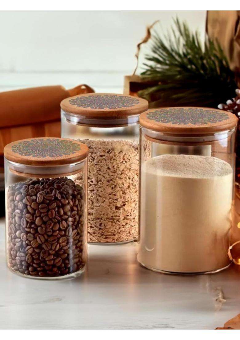 The Better Home Kitchen Containers Set Glass Jars with Printed Bamboo Lids I Airtight Storage | 300 ml | 10.1 fl oz | Pack of 3 - Indya