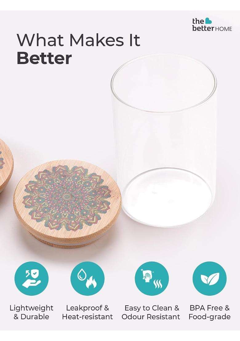 The Better Home Kitchen Containers Set Glass Jars with Printed Bamboo Lids I Airtight Storage | 300 ml | 10.1 fl oz | Pack of 3 - Indya