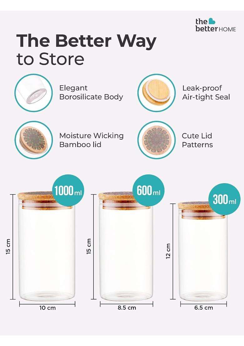 The Better Home Kitchen Containers Set Glass Jars with Printed Bamboo Lids I Airtight Storage | 300 ml | 10.1 fl oz | Pack of 3 - Indya