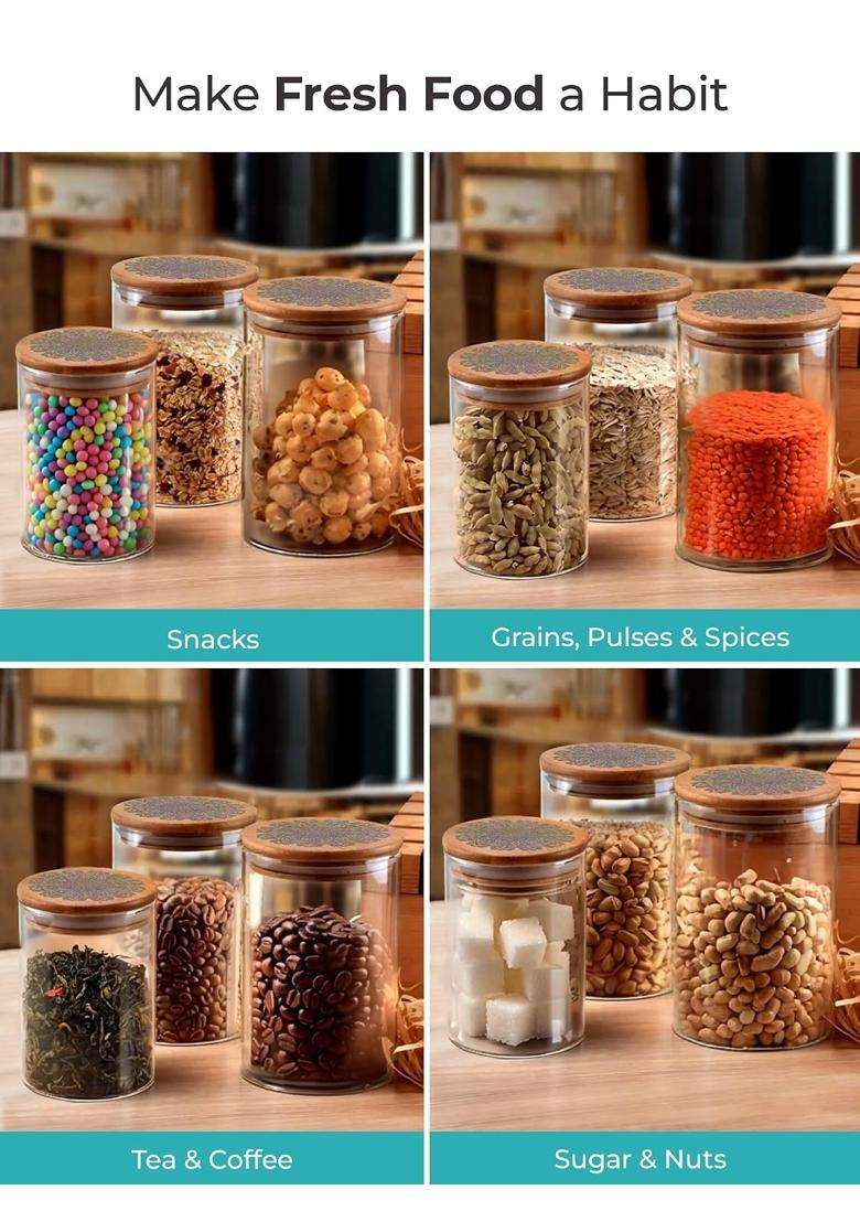 The Better Home Kitchen Containers Set Glass Jars with Printed Bamboo Lids I Airtight Storage | 300 ml | 10.1 fl oz | Pack of 3 - Indya