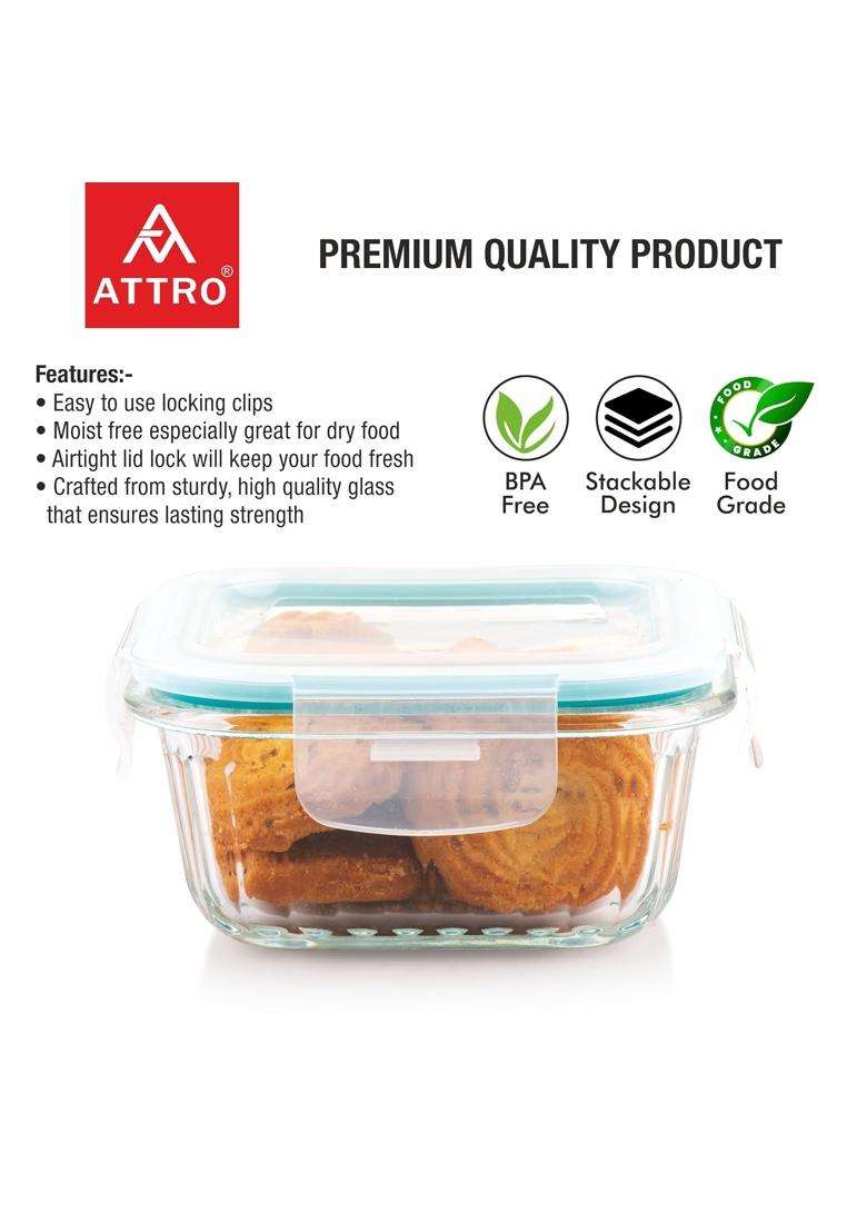 ATTRO Glassox Borosilicate Classic Lid Striped Finish Container with Airtight Snap | 310 ml | 10.5 fl oz | 2-Piece Set | BPA Free | Leak Proof - Indya