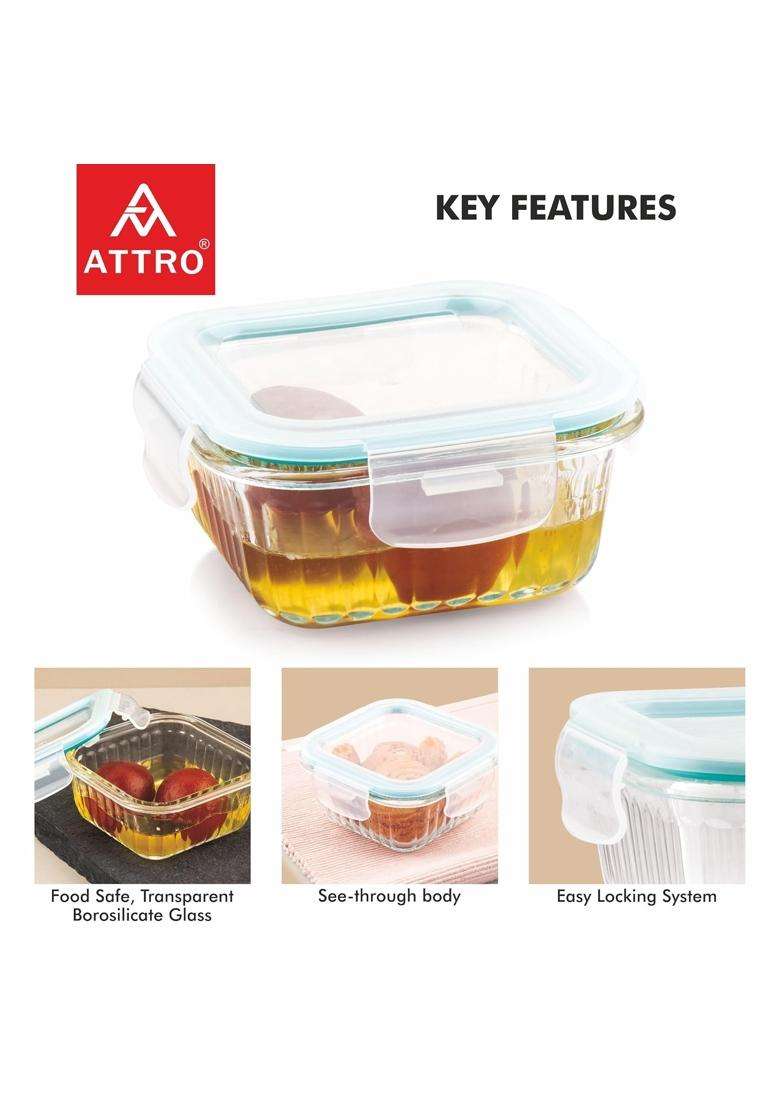 ATTRO Glassox Borosilicate Classic Lid Striped Finish Container with Airtight Snap | 310 ml | 10.5 fl oz | 2-Piece Set | BPA Free | Leak Proof - Indya